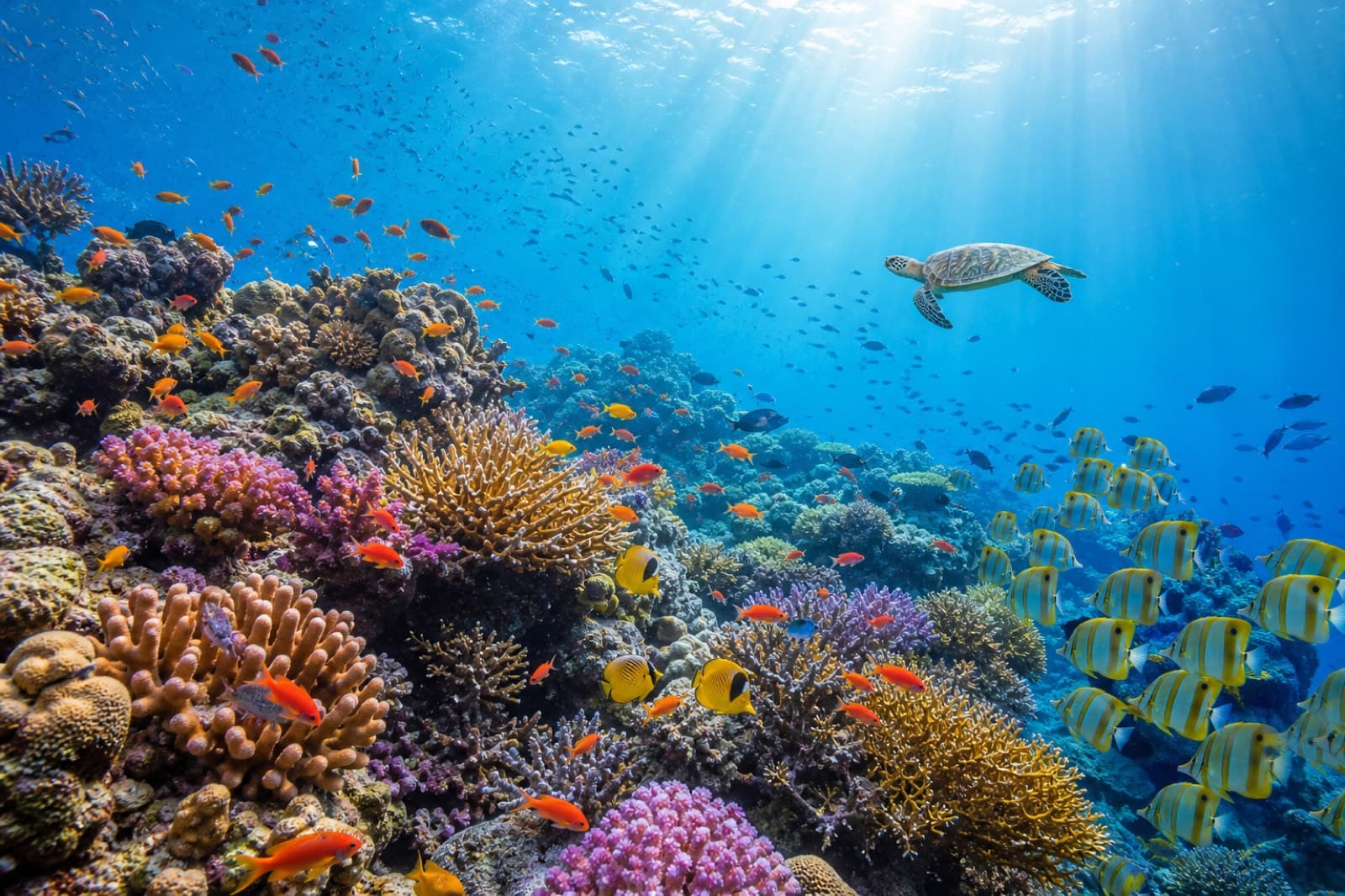 A vibrant, thriving coral reef full of fish and colour